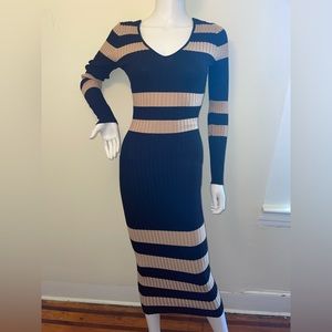 Fashion Nova “Kallan” Striped Knit Dress Long Sleeve Midi Black/Cream Medium NWT